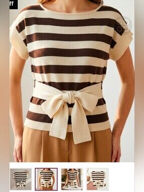 52 Weekends Cream & Brown Striped Knit Top with Waist Tie